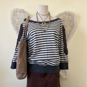Whimsy Twee 2000s Striped Off Shoulder Sweater Crochet Sleeve Romantic